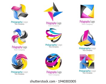 Set colorful abstract 3d icons design sign. Color logo cmyk print polygraphy abstract butterfly colorful flyer black background.