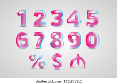 Set of colorful abstract 3D style font numbers and Manat , USD money sign symbols. Numbers 1 2 3 4 5 6 7 8 9 0 on white background. 3D percent discount sale promotion design isolated.