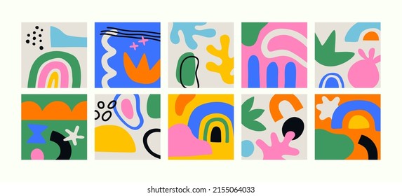 Colección de pancartas coloridas de arte abstracto. Gran manojo de ilustraciones planas de caricaturas llamativas, simples formas básicas de mano libre. Obra infantil para niños o proyecto inspirado en el cubismo.