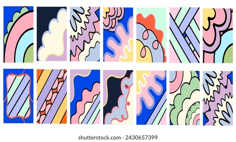 Set of colorful abstract art banners collection. A large bundle of eye-catching flat cartoon illustrations featuring simple basic freehand shapes. Childish artwork suitable for children 