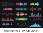 A set of colorful abstract audio visualizations on a black background. Various types of sound waves and equalizers in vibrant tones. Suitable for use in music projects, podcasts and other multimedia 