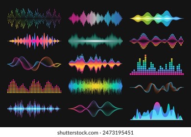 A set of colorful abstract audio visualizations on a black background. Various types of sound waves and equalizers in vibrant tones. Suitable for use in music projects, podcasts and other multimedia 