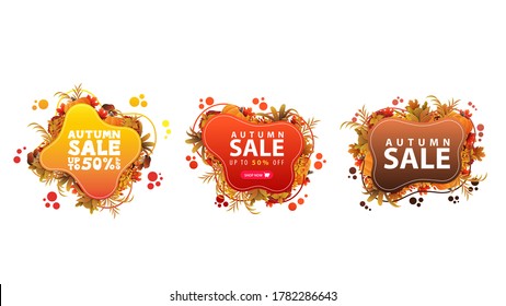 Set of colorful abstract autumn discount web banners in liquid shapes and frame of autumn leaves. Red, brown and orange abstract banners isolated on white background