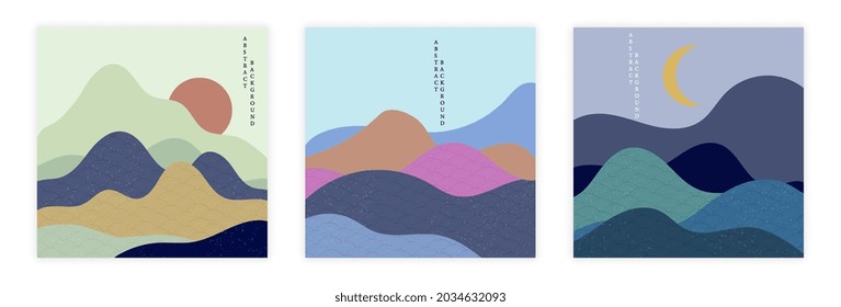 Auf buntem abstraktem Hintergrund mit Bergwald auf weißem Hintergrund. Geräumige geometrische Muster im japanischen Stil. Wavy Vorlage mit Landschaftskarten. Flaches Cartoon, Vektorgrafik