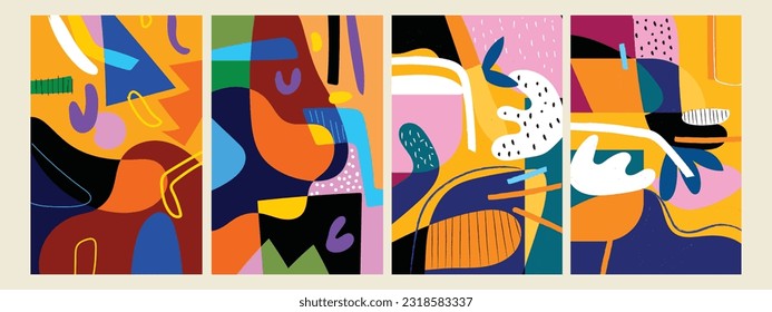 Set of colorful abstract background with shapes, geometric, and doodles hand drawn vector illustration.