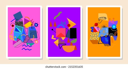 A set of colorful abstract background various shapes,doodles,lines,curves,spots,drops vector illustration.Contemporary modern trendy.