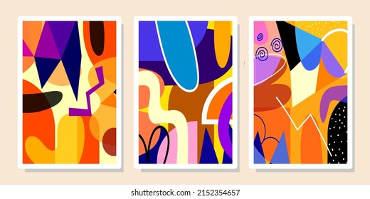 A set of colorful abstract background various shapes,doodles,lines,curves,spots,drops vector illustration.Contemporary modern trendy.