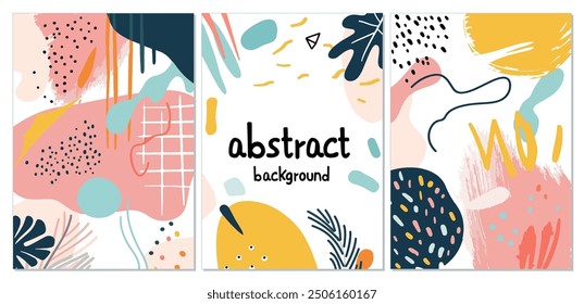 A set of colorful abstract backgrounds with brush strokes and leaves vector design. Variety of colorful abstract backgrounds with brush strokes and botanical elements