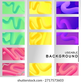 Set bunter abstrakter Hintergründe mit fließenden 3D-Wellenformen in leuchtenden Farben für Grün, Gelb, Lila und Rosa Neon-Farbverlauf
