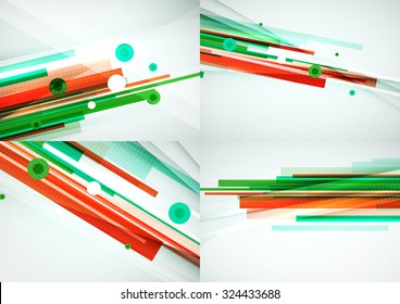 Set of colorful abstract backgrounds. Overlapping color straight lines on light backdrop with art effects