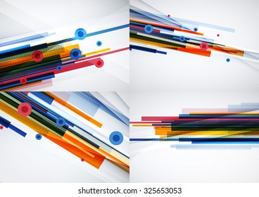 Set of colorful abstract backgrounds. Overlapping color straight lines on light backdrop with art effects