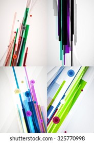 Set of colorful abstract backgrounds. Overlapping color straight lines on light backdrop with art effects