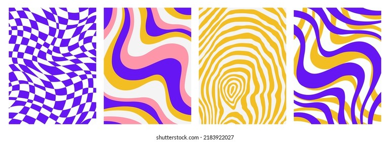 Set of colorful abstract backgrounds. Patterns with distorted shapes, wavy strips and a checkered pattern. Retro style. Modern Vector illustration for posters, invitations, labels, covers, postcards