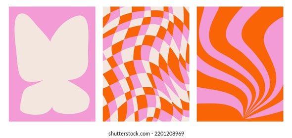 Set of colorful abstract backgrounds. Patterns with wavy stripes and a checkered pattern. Butterfly print. Retro style. Modern Vector illustration for posters, invitations, labels, covers, postcards