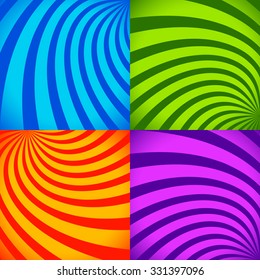 Set of colorful abstract backgrounds in vivid colors with curvy, spiral lines. Vector.