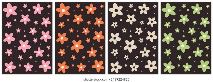 Set of colorful abstract backgrounds. Y2k aesthetic. Vector cards in retro psychedelic style. Groovy backgrounds. Groovy retro flowers daisy set.