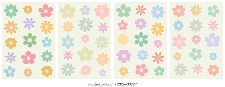  Set of colorful abstract backgrounds.Daisy flowers set.Y2k aesthetic.Vector cards in retro psychedelic style.Groovy backgrounds.