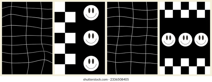  Set of colorful abstract backgrounds.Y2k aesthetic.Vector cards in retro psychedelic style.Groovy backgrounds.