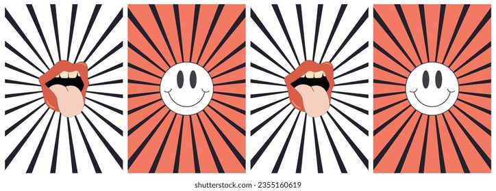 Set of colorful abstract backgrounds.Y2k aesthetic.Vector cards in retro psychedelic style.Groovy backgrounds.