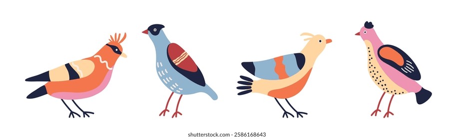 Set of colorful abstract birds on white background, flat style illustration