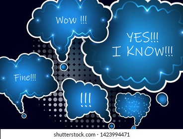 Set of colorful abstract chat label, cloud of thoughts. Interesting facts, conversations, cries of surprise, joy, shortcuts in knowledge bases and banners with frequently asked questions in social net