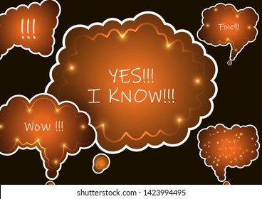 Set of colorful abstract chat label, cloud of thoughts. Interesting facts, conversations, cries of surprise, joy, shortcuts in knowledge bases and banners with frequently asked questions in social net