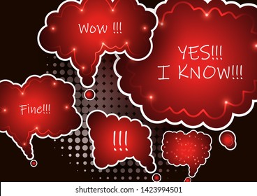 Set of colorful abstract chat label, cloud of thoughts. Interesting facts, conversations, cries of surprise, joy, shortcuts in knowledge bases and banners with frequently asked questions in social net