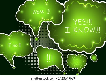 Set of colorful abstract chat label, cloud of thoughts. Interesting facts, conversations, cries of surprise, joy, shortcuts in knowledge bases and banners with frequently asked questions in social net