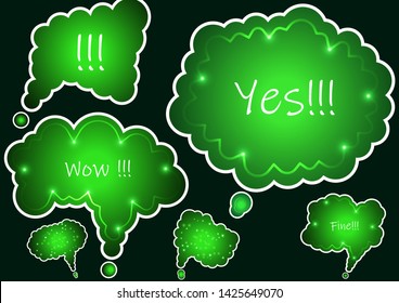 Set of colorful abstract chat label, cloud of thoughts. Interesting facts, conversations, cries of surprise, joy, shortcuts in knowledge bases and banners with frequently asked questions in social net
