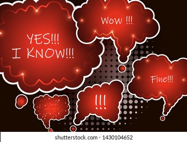 Set of colorful abstract chat label, cloud of thoughts. Interesting facts, conversations, cries of surprise, joy, shortcuts in knowledge bases and banners with frequently asked questions in social net