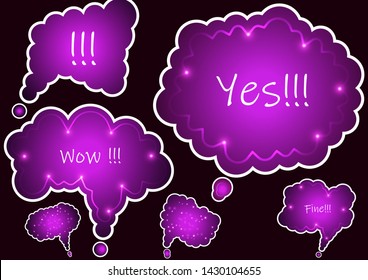 Set of colorful abstract chat label, cloud of thoughts. Interesting facts, conversations, cries of surprise, joy, shortcuts in knowledge bases and banners with frequently asked questions in social net