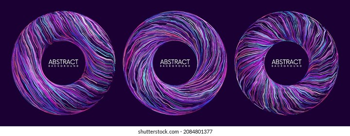 Set of colorful abstract circle banners with flowing wavy neon lines. Glowing futuristic circles with place for your content. Vector illustration