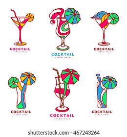 Set of colorful abstract cocktail logos, vector illustration isolated on white background. Modern alcoholic beverage icons, cocktail glass symbol with straw and umbrella. 