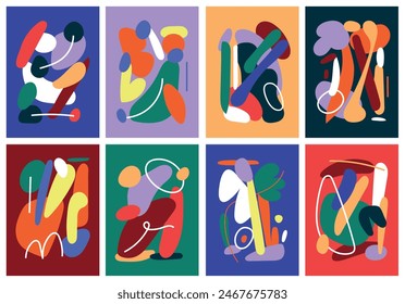 Set of colorful abstract compositions. Contemporary posters with trendy creative fluid shapes and organic doodle elements. Naive and fun covers. Flat vector illustrations.