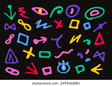 Set of colorful abstract creative hand drawn geometric shapes, doodles on dark background. Vector images.