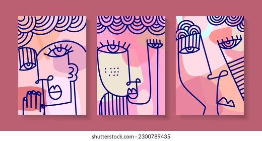 Set of colorful abstract decorative face portrait as a cubism wall art vector illustration. Geometric shapes flat face design.