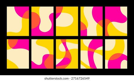 Conjunto de planos de fundo coloridos e abstratos com formas divertidas e linhas desenhadas à mão. Gráficos divertidos modernos para cartazes, impressões, mídia social e branding