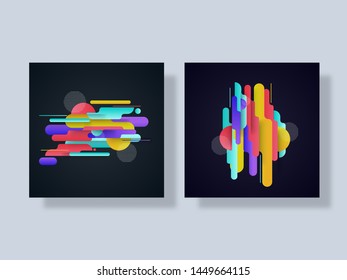 Set of colorful abstract dynamic geometric pattern decorated black background.