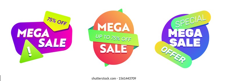 Set of colorful abstract elements. Mega Sale text, bright shapes dynamical colored forms. Trendy design for advertising banners, retail posters, flyers, labels