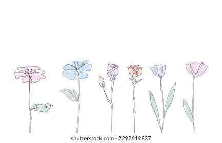 Eine Reihe von bunten abstrakten Blumen im Stilstil der Linienkontur.