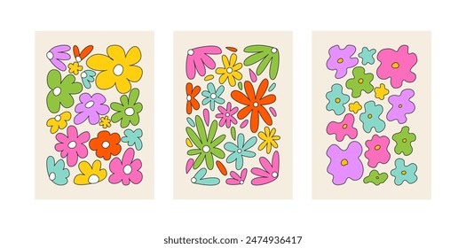 Set of colorful abstract flowers in retro groovy style. Vector floral outline illustrations. Modern contemporary psychedelic poster