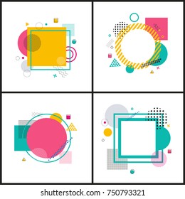 Set of colorful abstract frames consisting of different shapes such as triangle, rectangle and circles, images with lines on vector illustration