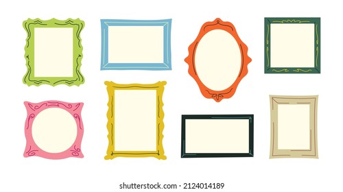 Set of colorful abstract frames or mirrors. Isolated bright square and oval picture frames. Cartoon style. Modern flat art. Hand-drawn vector illustrations.