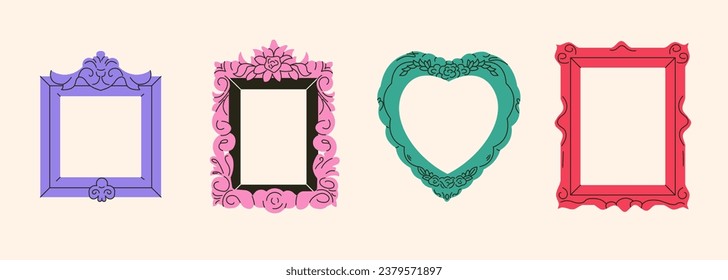 Set of colorful abstract frames or mirrors in retro style. Different shapes vintage photo picture frame border design. Modern flat vector illustration isolated on dark background