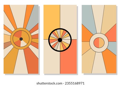 Conjunto de fondo geométrico abstracto colorido. Arte de estilo groovy vertical. Caja de teléfono móvil o papel tapiz. Las formas simples diseñan el sol, el mosaico, la decoración y la vidriera. Por afiche, pancarta.