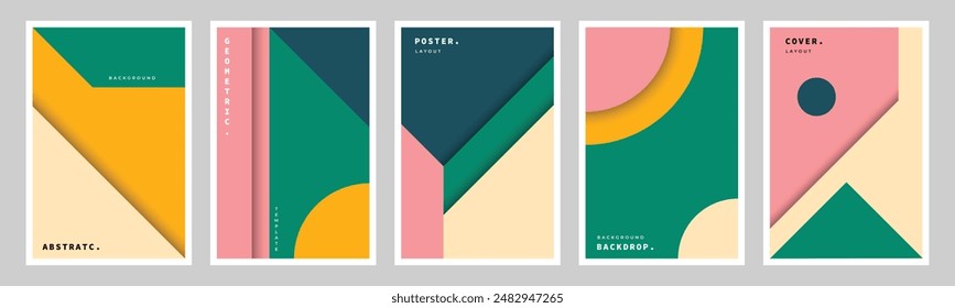 Satz von buntem abstrakten geometrischen Hintergrund. Modernes geometrisches Poster Design Paket. Creative minimalistische Cover Vorlage Pack. Orange-, Grün- und Rosatöne.