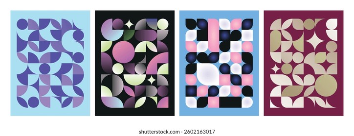 Set of colorful abstract geometric backgrounds with simple shapes. Trendy patterns in Bauhaus aesthetic. Vector illustrations.