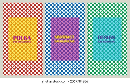 A set of colorful abstract geometric patterns on a red, blue, green background. Polka dot background.