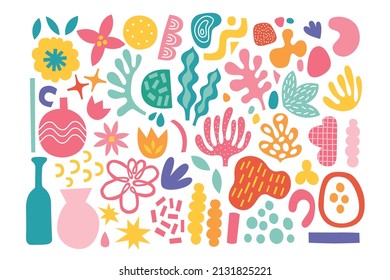 Set of colorful abstract geometric shapes, flower, star, vase, leaves, dots, branches, tulip isolated on white background. Perfect for spring and summer greeting cards. Scandinavian style