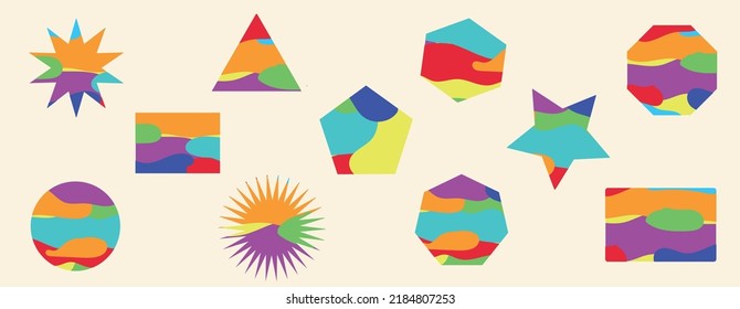 Set of colorful abstract geometric shapes. Retro geometric concept vintage polygons and other figures.